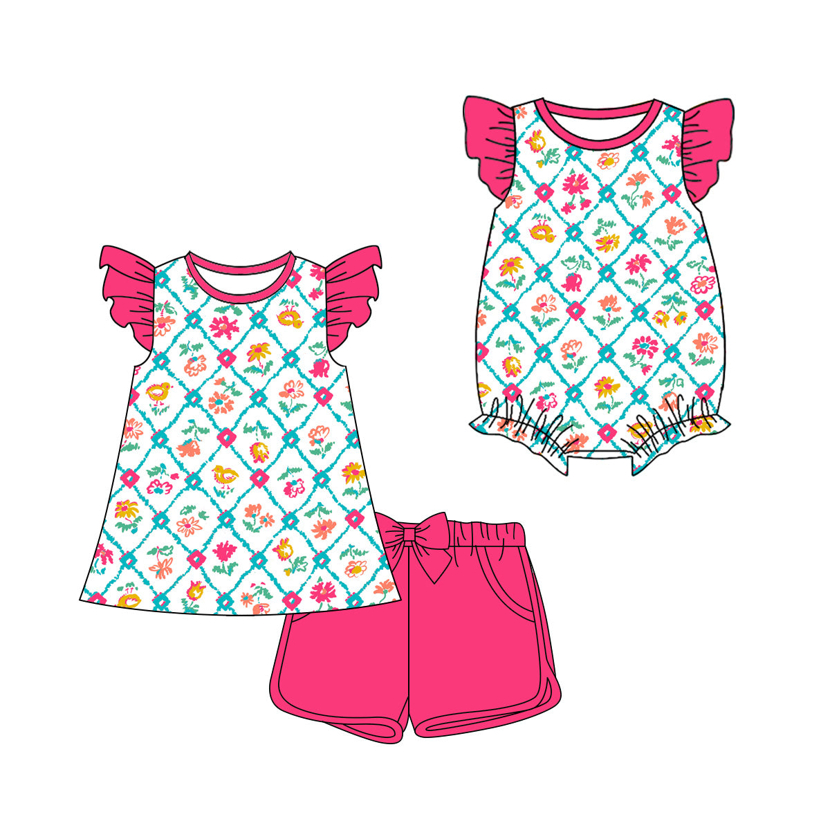 ( Moq 5 Each Style ) Sibling Baby Girls Kids Short Sleeves Flower Romper Set Summer Clothes