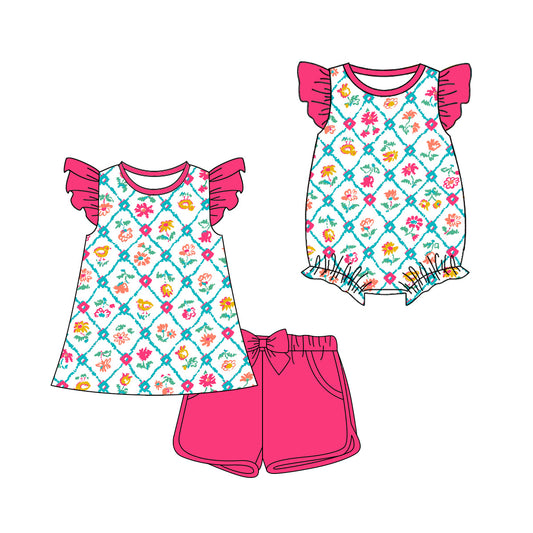 ( Moq 5 Each Style ) Sibling Baby Girls Kids Short Sleeves Flower Romper Set Summer Clothes