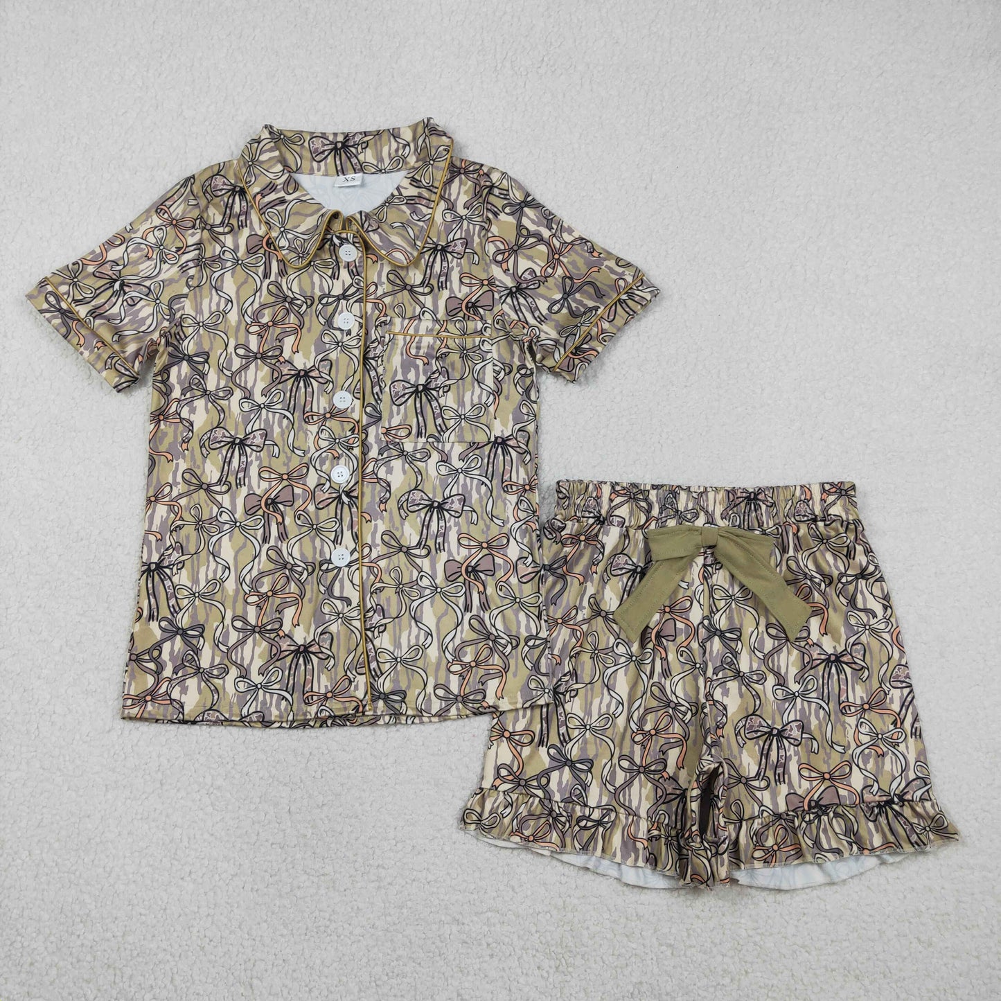 Adult Women Short Sleeves Camo Bows Pocket Buttons Shirt Shorts Pajamas Clothes Set