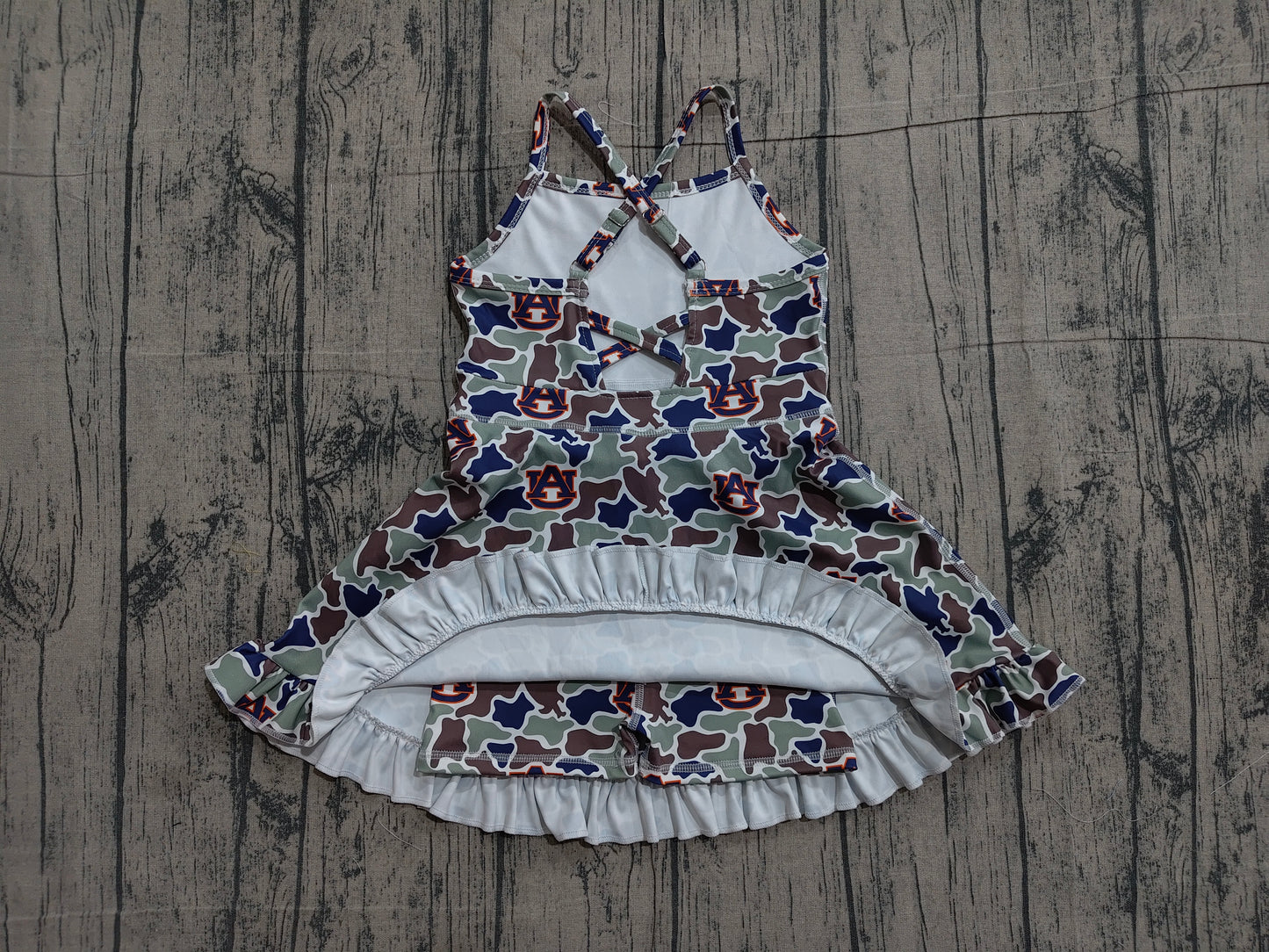 ( No moq ) Preorder Baby Girls Kids Straps Green Camo Print Team Yoga Ruffle Knee Length Dress