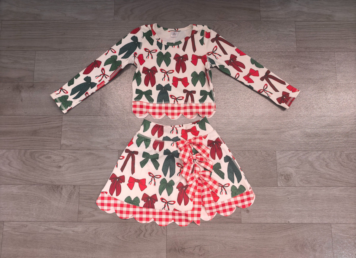( No moq ) Preorder Baby Girls Kids Christmas Bows Shirt Scallop Skirt Shorts Yoga Active Set Clothes