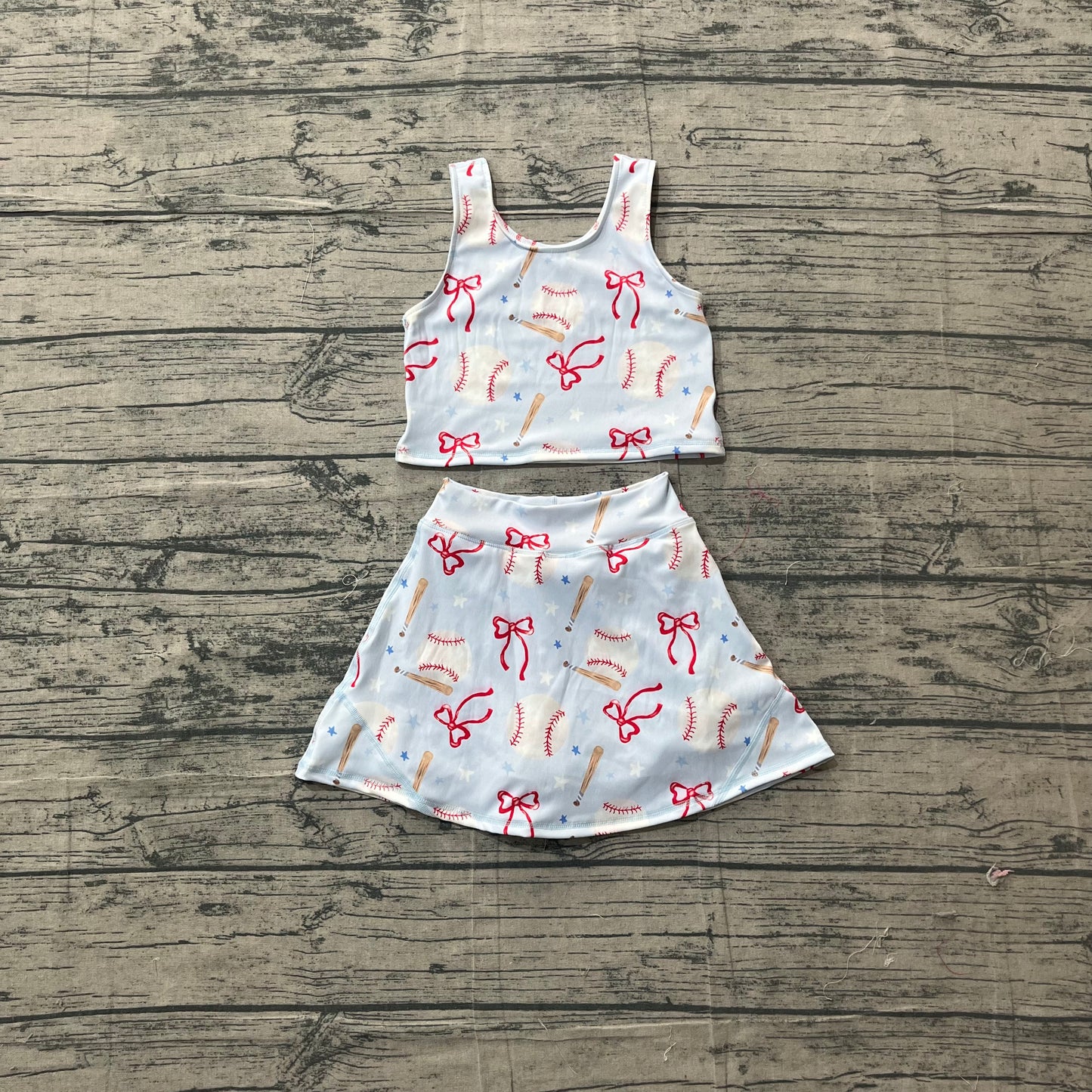 Baby Girls Kids Baseball Bows Tops Blue Skirt Shorts Yoga Summer Set RTS