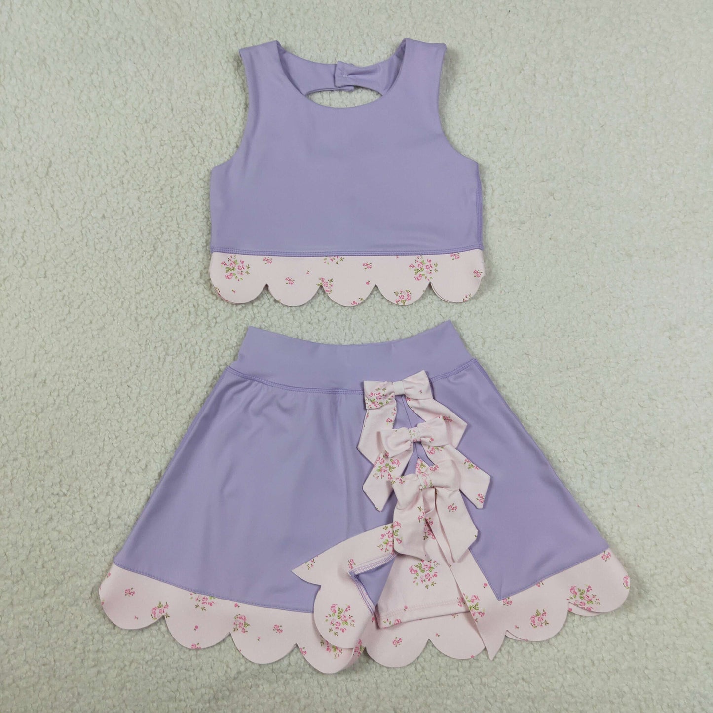 Baby Girls Kids Purple Sleeveless Tops Bows Skirt Shorts Yoga Clothes Set RTS