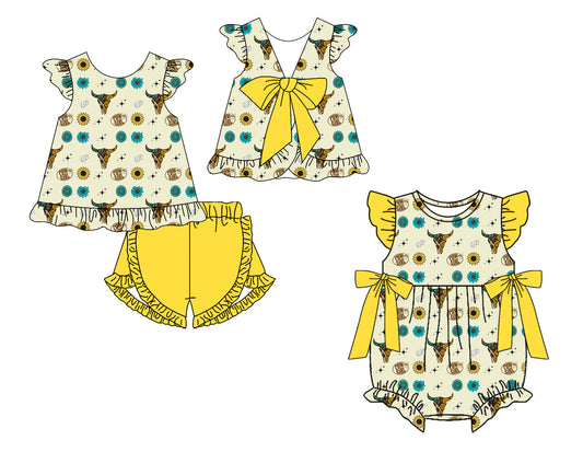 ( Moq 5 Each Style ) Baby Girls Kids Toddler Cows Flower Sibling Western Yellow Romper Set