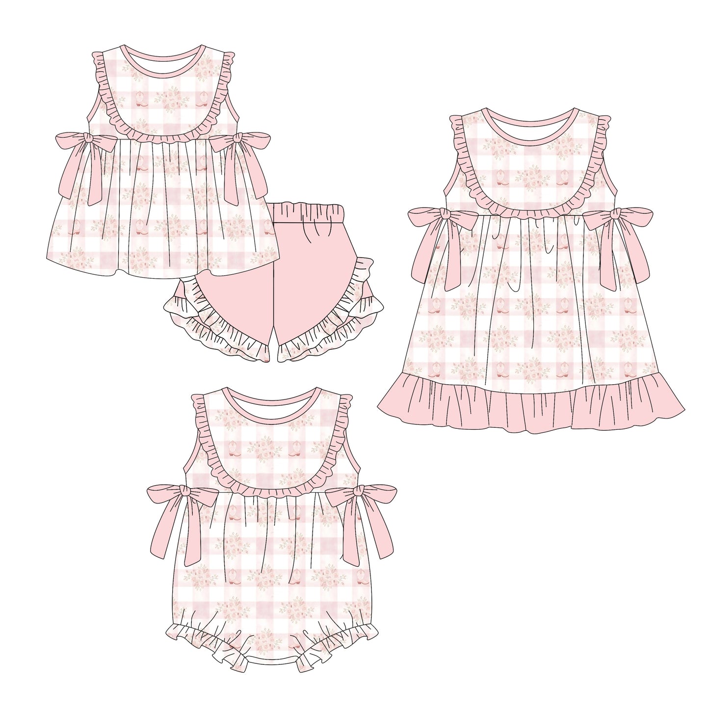 ( Moq 5 Each Style ) Sibling Baby Girls Kids Flower Boots Bows Romper Dress Set Clothes