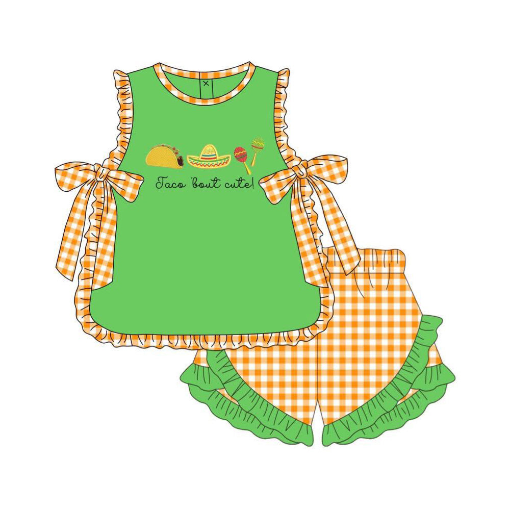 ( Moq 5 ) Preorder Baby Girl Kids Bows Green Tops Plaid Ruffle Shorts Set Summer Clothes