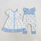 Baby Girls Kids Short Sleeves Blue Bows Rabbits Easter Romper Knee Length Dress RTS