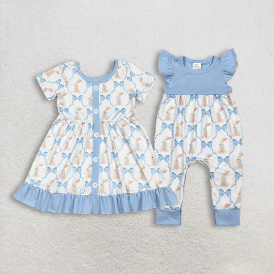 Baby Girls Kids Short Sleeves Blue Bows Rabbits Easter Romper Knee Length Dress RTS