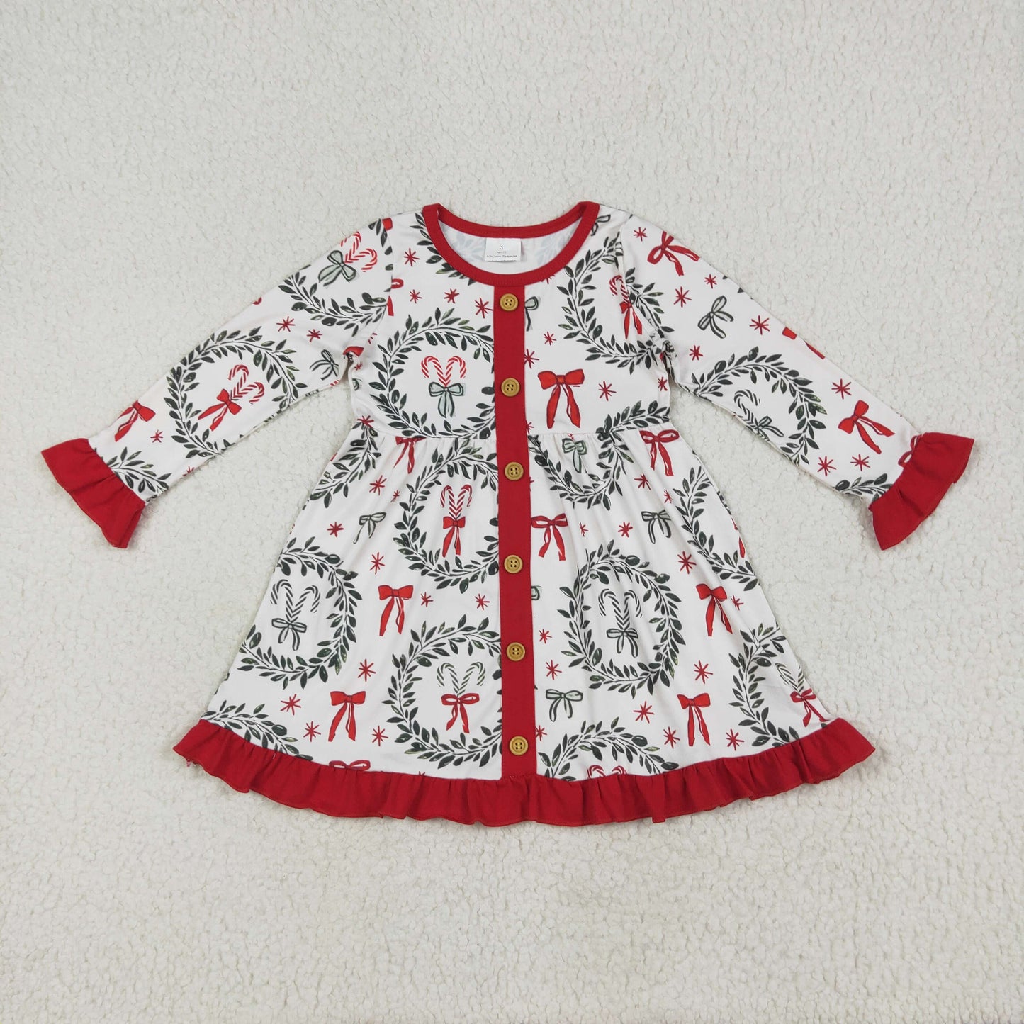 Baby Girl Long Sleeves Bows Buttons Christmas Knee Length Dress RTS