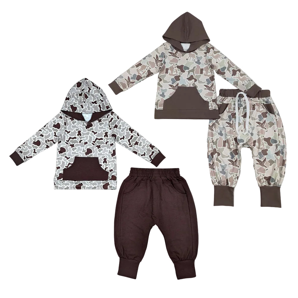 Sibling Baby Boys Kids Long Sleeves Camo Hoodie Hoodie Pullovers Pockets Pants Sets Hunting Clothes RTS