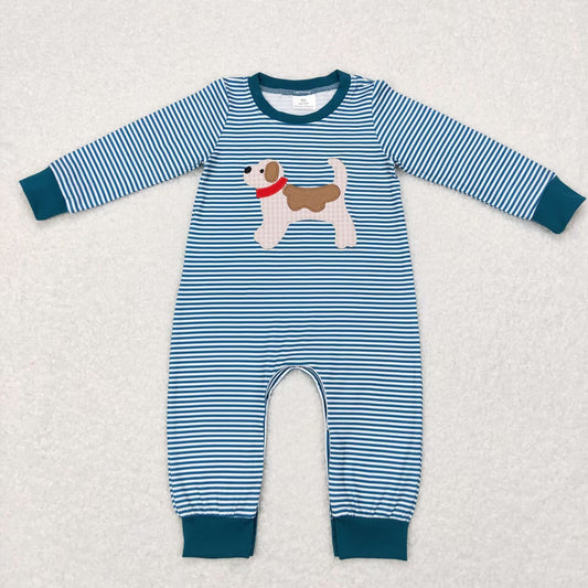 LR0727 Baby Boy Long Sleeves Embroidery Dog Stripes One Piece Romper