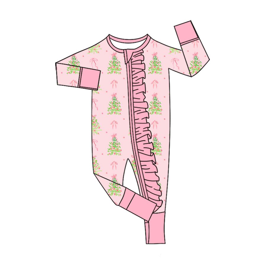 ( Moq 5 ) Preorder Baby Girls Kids Christmas Tree Bows Pink Ruffle Zipper Sleeper Footie Romper Clothes