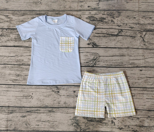 No moq Pre-order BT0508 Baby Boy Blue Pocket Shirt Plaid Shorts Summer Set