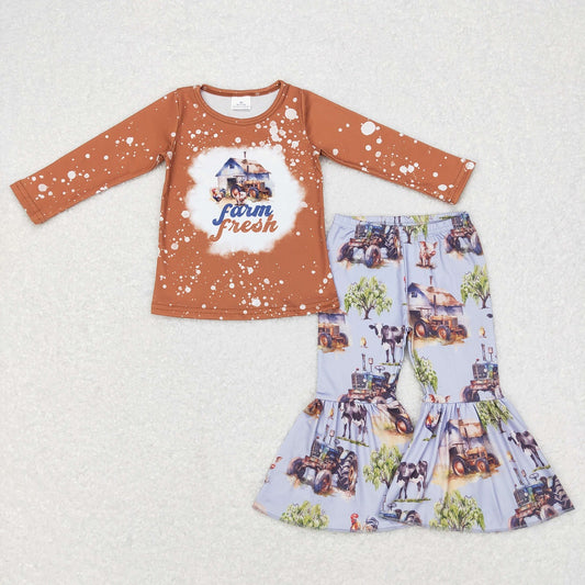 GLP0728 Baby Girl Long Sleeves Farm Tractor Cow Bell Pants Outfit