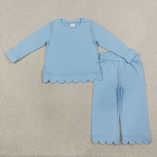 Baby Girls Kids Long Sleeves Blue Shirt Pants Set Pajamas Scallop Clothes RTS