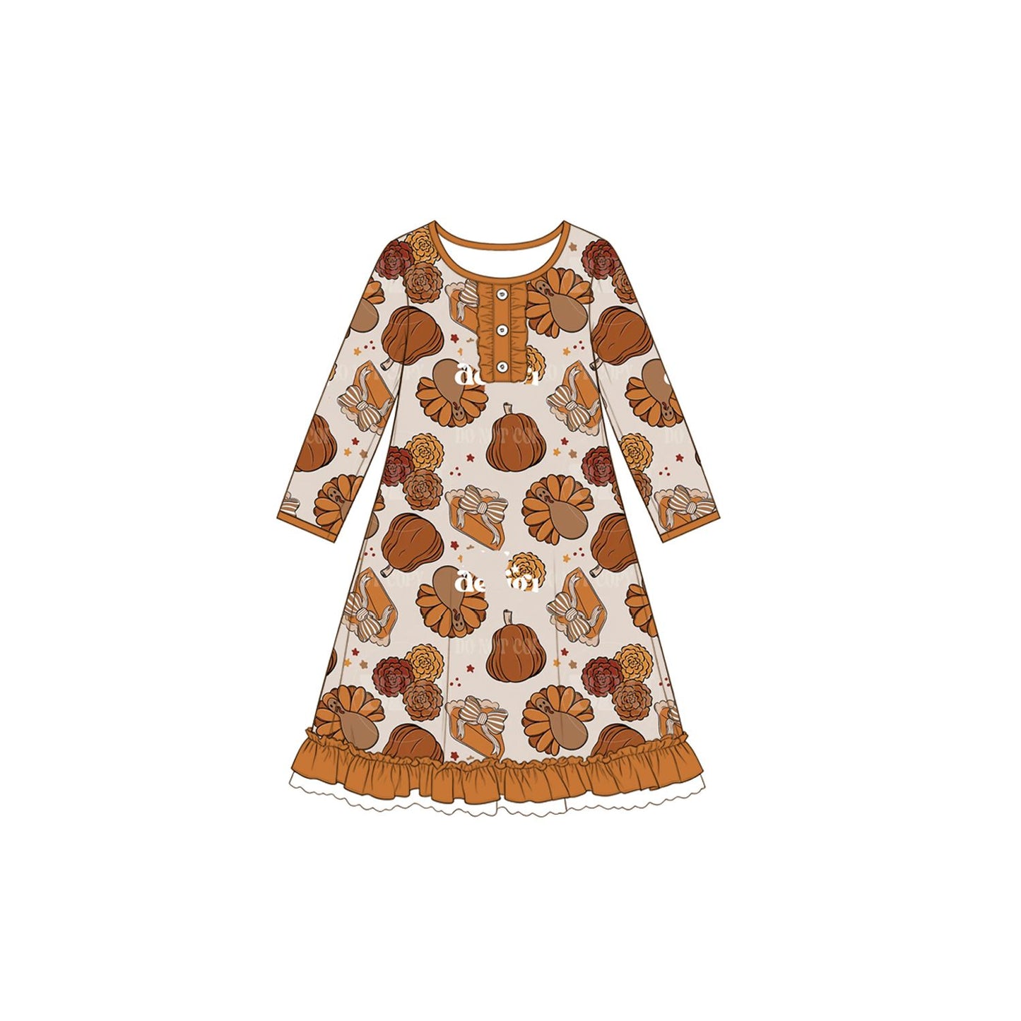 ( Moq 5 ) Preorder Baby Girls Kids turkey Pumpkins bows Thanksgiving Knee Length Dress