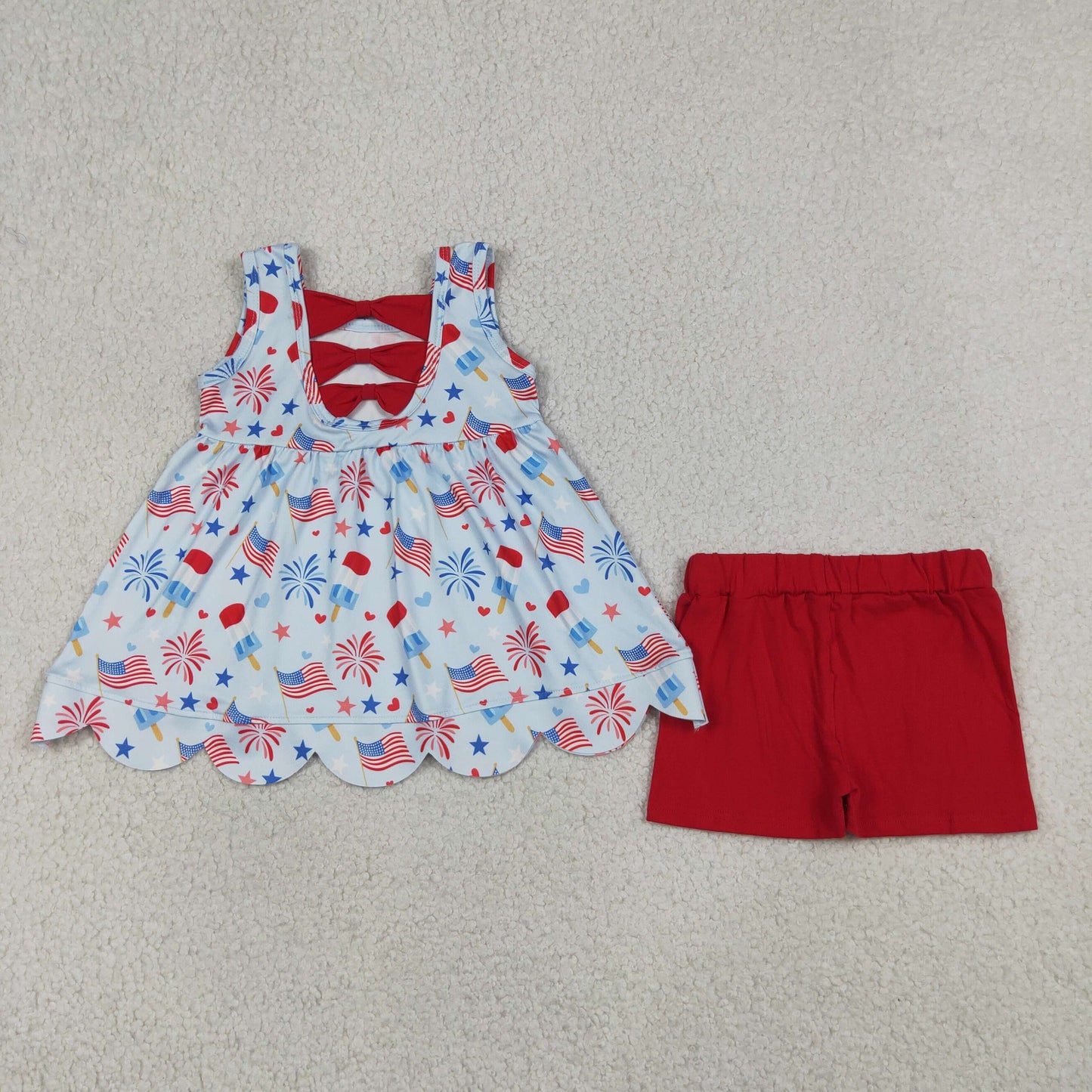 Baby Girls Kids Sleeveless Popsicle Flags Tops Red Shorts 4th of July Set RTS
