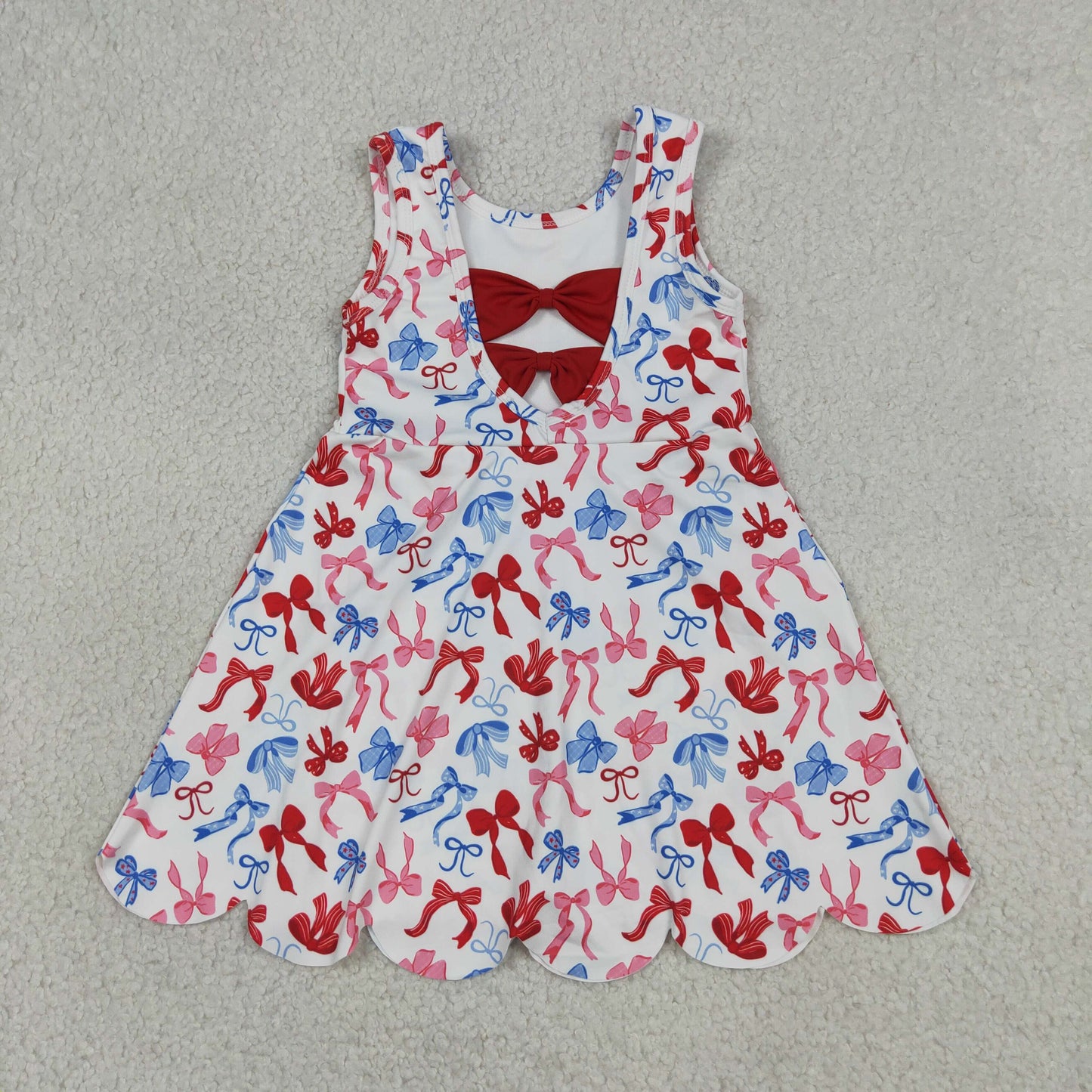 Baby Girls Kids Sleeveless Bows 4th of July Shorts Scallop Knee Length Dress RTS