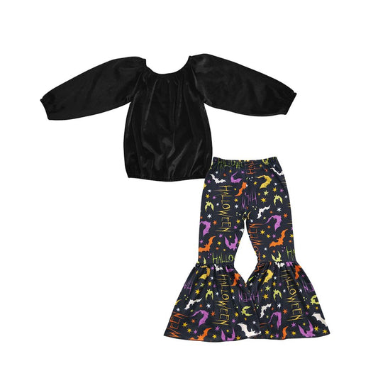 Baby girl Halloween Long Sleeves Black Velvet Bell Pants Outfit