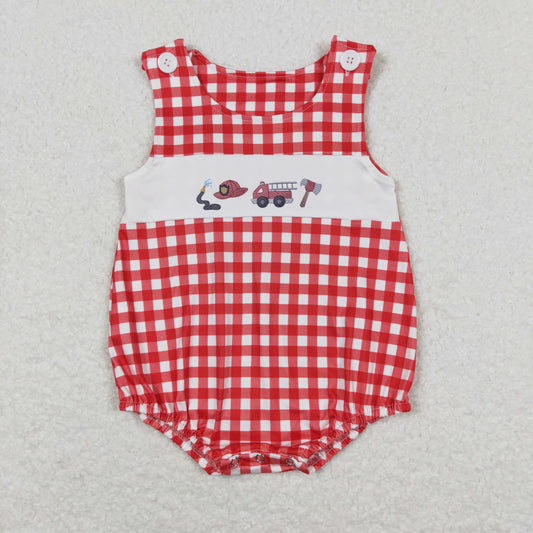 Baby Boy Sleeveless Fire Truck Red Plaid One Piece Romper