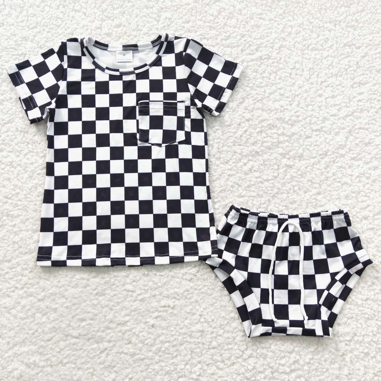 GBO0144 Baby Girl Short Sleeves Black Check Pocket Shirt Bummie Summer Outfit