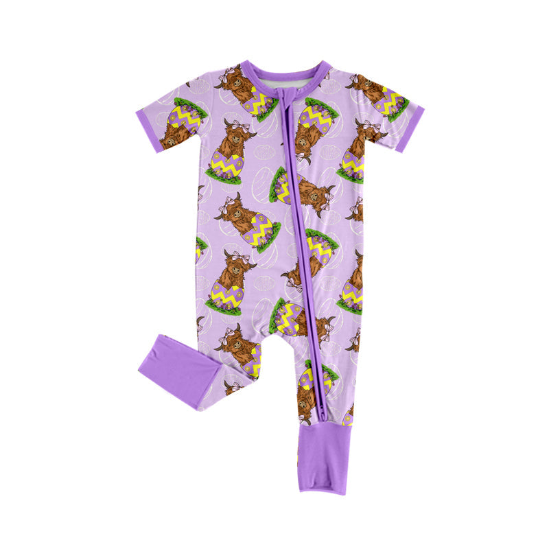 Baby Girl Short Sleeves Cow Egg Easter Zipper Purple Romper Moq 5