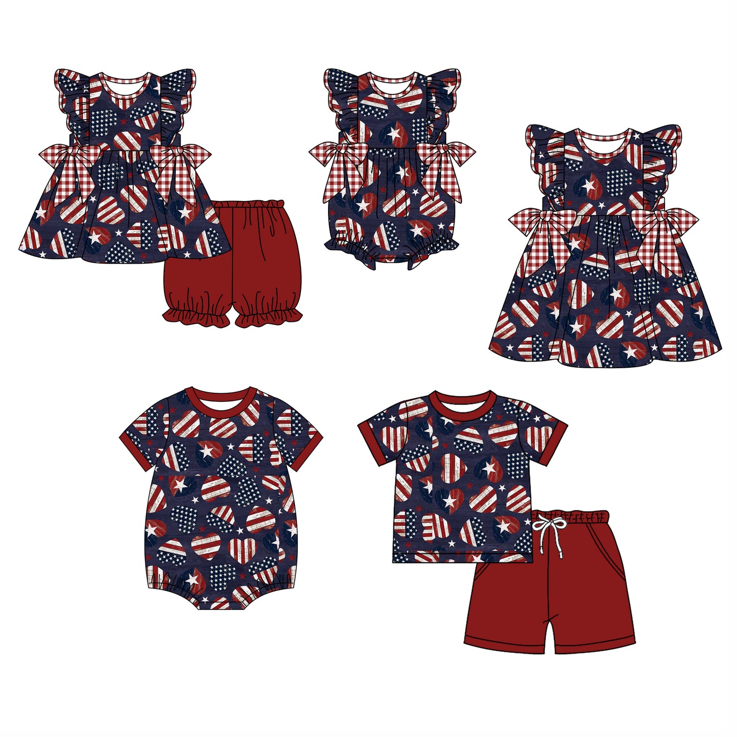 Baby Boy Girl July 4th Sibling Hearts Dress Romper Clothes Set ( Moq 5 Each style ) 11.27