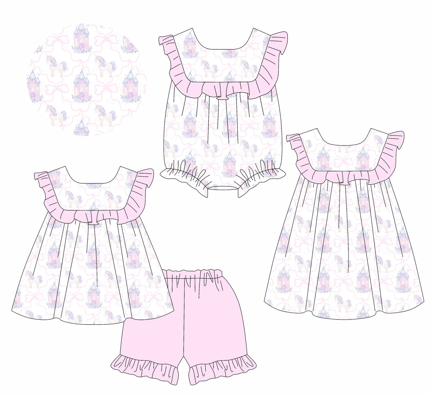Baby Girl Castles Bows Sibling Romper Dress Set ( Moq 5 Each Style ) 1.15