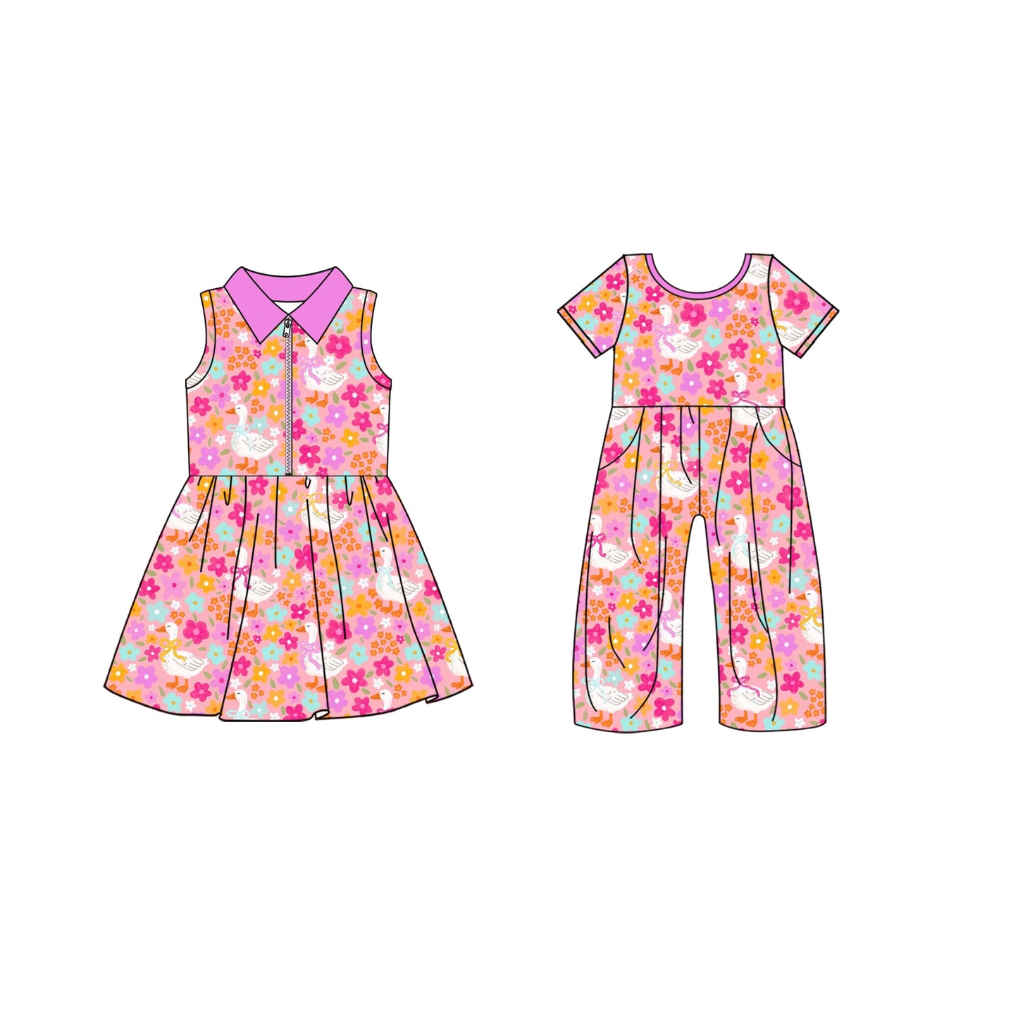 ( Moq 5 Each Style ) Baby Girl Ducks Bows Flower Sibling Summer Dress Jumpsuit 4.19