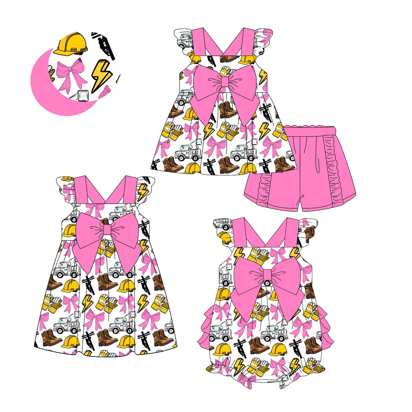 Baby Girl Trucks Pink Bows Sibling Romper Dress Set ( Moq 5 Each Style ) 3.13