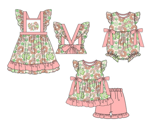 Baby Girl Short Sleeves St Patrick Smile Flower Rainbow Sibling Romper Dress Clothes Set ( Moq 5 Each Design )12.3