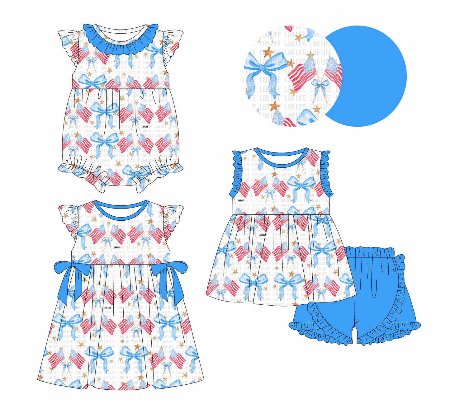 Baby Girl July 4th Flags Bows Sibling Romper Dress Set ( Moq 5 Each Style ) 12.31