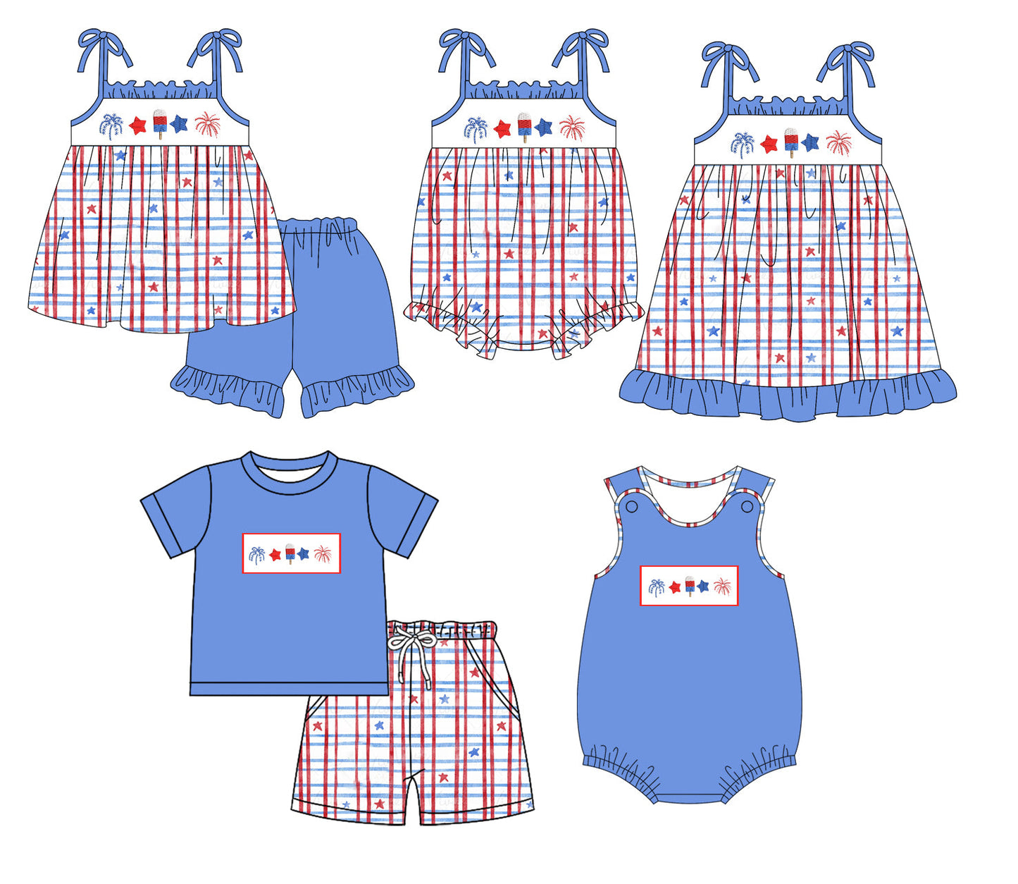 Baby Boy Girl July 4th Stars Checked Sibling Romper Dress Set ( Moq 5 Each Style ) 1.16