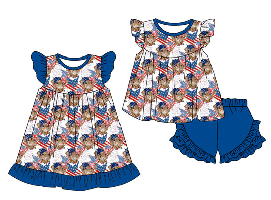 Baby Girl July 4th Cow Flags Sibling Dress Set ( Moq 5 Each Style ) 12.30