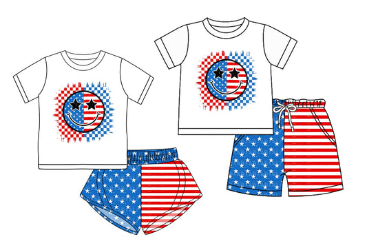 Baby Boy Girl Short Sleeves July 4th Smile Stars Stripes Sibling Set ( Moq 5 Each Style ) 3.10