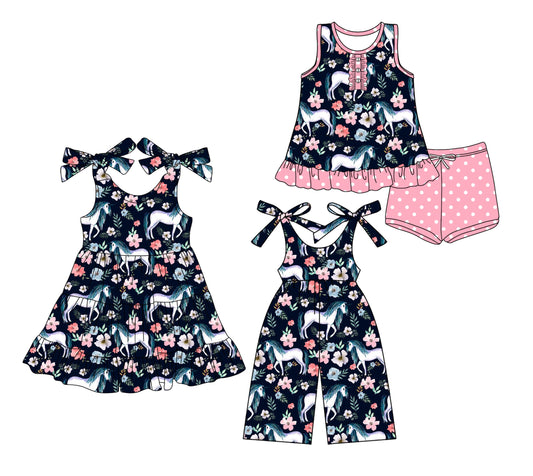 Baby Girl Straps Horse Flower Sibling Jumpsuit Dress Set ( Moq 5 Each Style ) 3.15