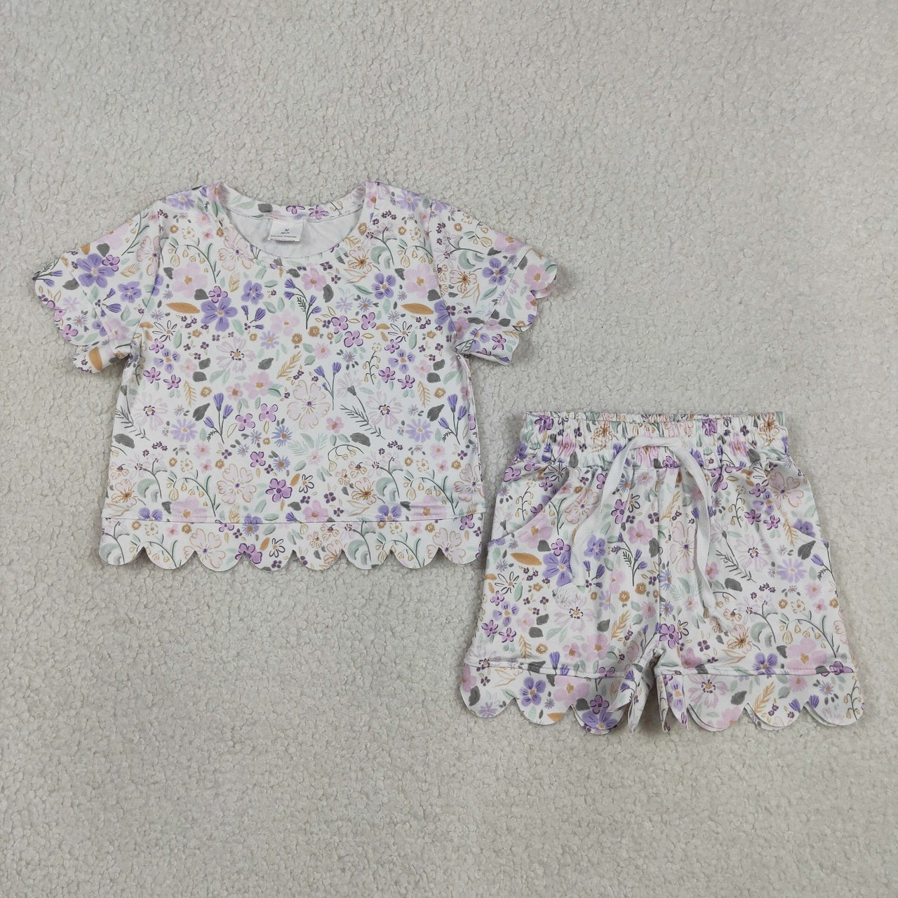 Sibling Baby Girls Adult Women Short Sleeves Purple Flower Shirts Shorts Scallop Sets Summer Clothes RTS
