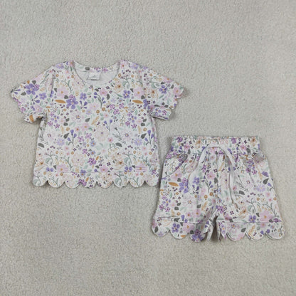 Sibling Baby Girls Adult Women Short Sleeves Purple Flower Shirts Shorts Scallop Sets Summer Clothes RTS