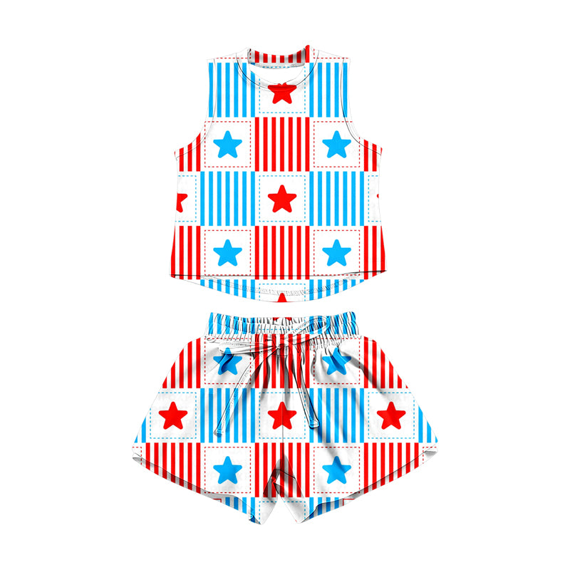 ( Moq 5 ) Preorder Baby Girls Kids Sleeveless Stars Stripes Tops Shorts Set 4th of July Clothes