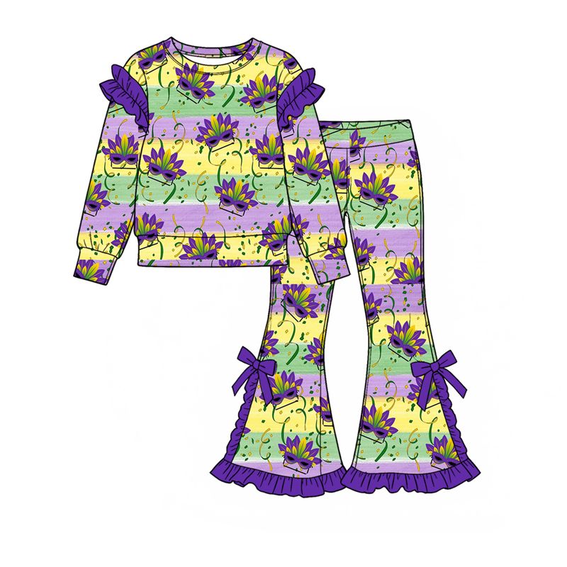 ( Moq 5 ) Preorder Baby Girls Kids Masks Stripes Shirt Bows Pants Set Mardi Gras Clothes