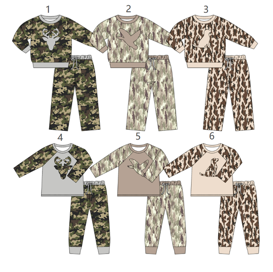 ( Moq 5 Each Style ) Sibling Baby Boys Kids Dogs Ducks Deer Pullovers Pants Sets Hunting Clothes
