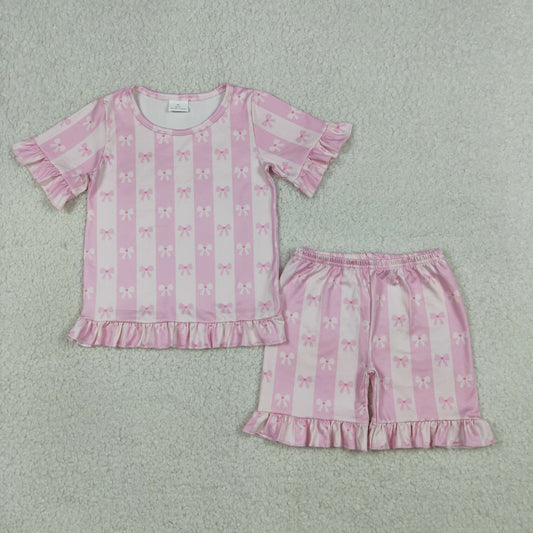 Baby Girls Short Sleeves Pink Bows Stripes Shirt Shorts Summer Clothes Set RTS