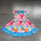( No moq ) Preorder Baby Girl Short Sleeves Tie Dye Pockets Ruffle Knee Length Dress