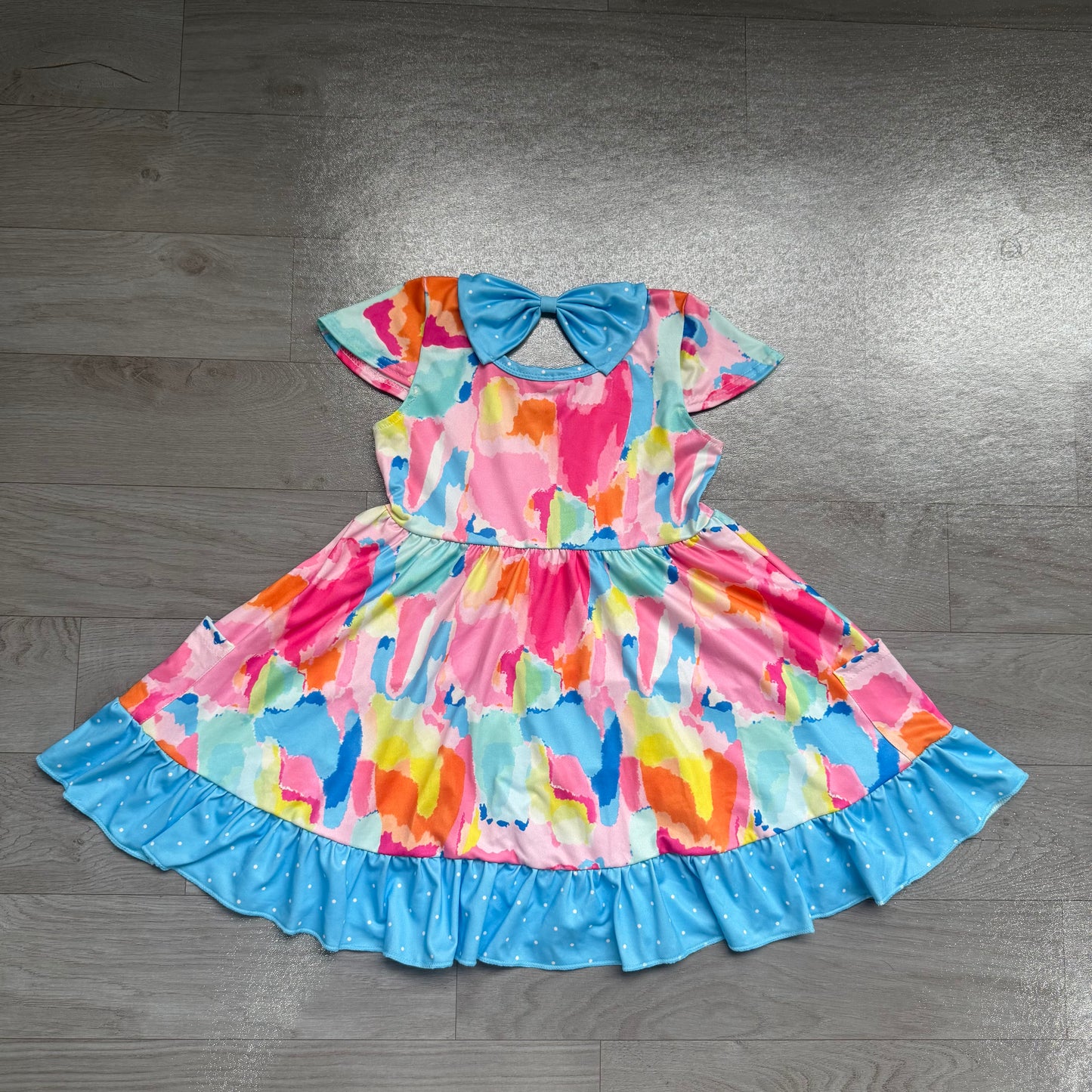 ( No moq ) Preorder Baby Girl Short Sleeves Tie Dye Pockets Ruffle Knee Length Dress
