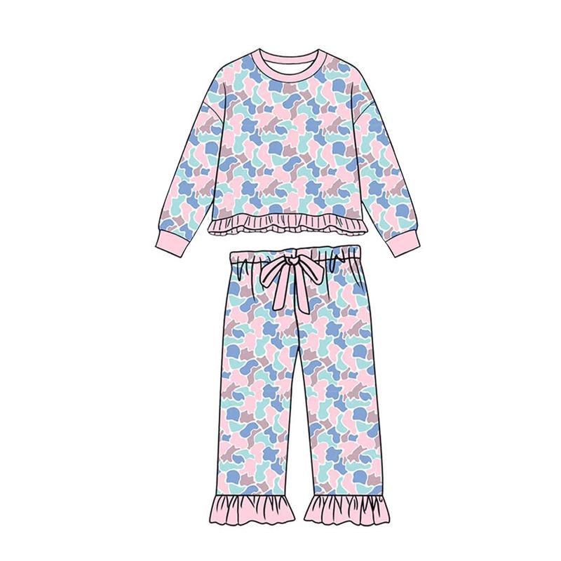 ( Moq 5 ) Preorder Baby Girls Kids Long Sleeves Ruffle Shirt Pants Camo Set Clothes