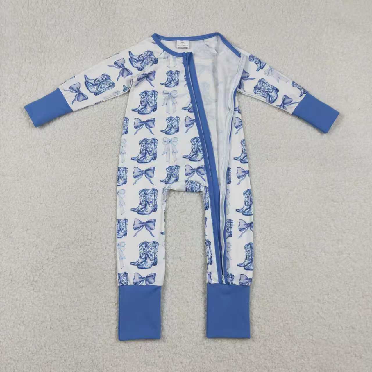 Sibling Baby Girl Long Sleeves Blue Bows Boots Western Zipper Romper Pajamas Clothes Set RTS
