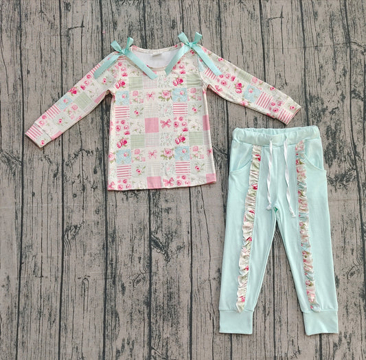 ( No moq ) Preorder Baby Girl Long Sleeves Flower Plaid Ruffle Shirt Pants Set
