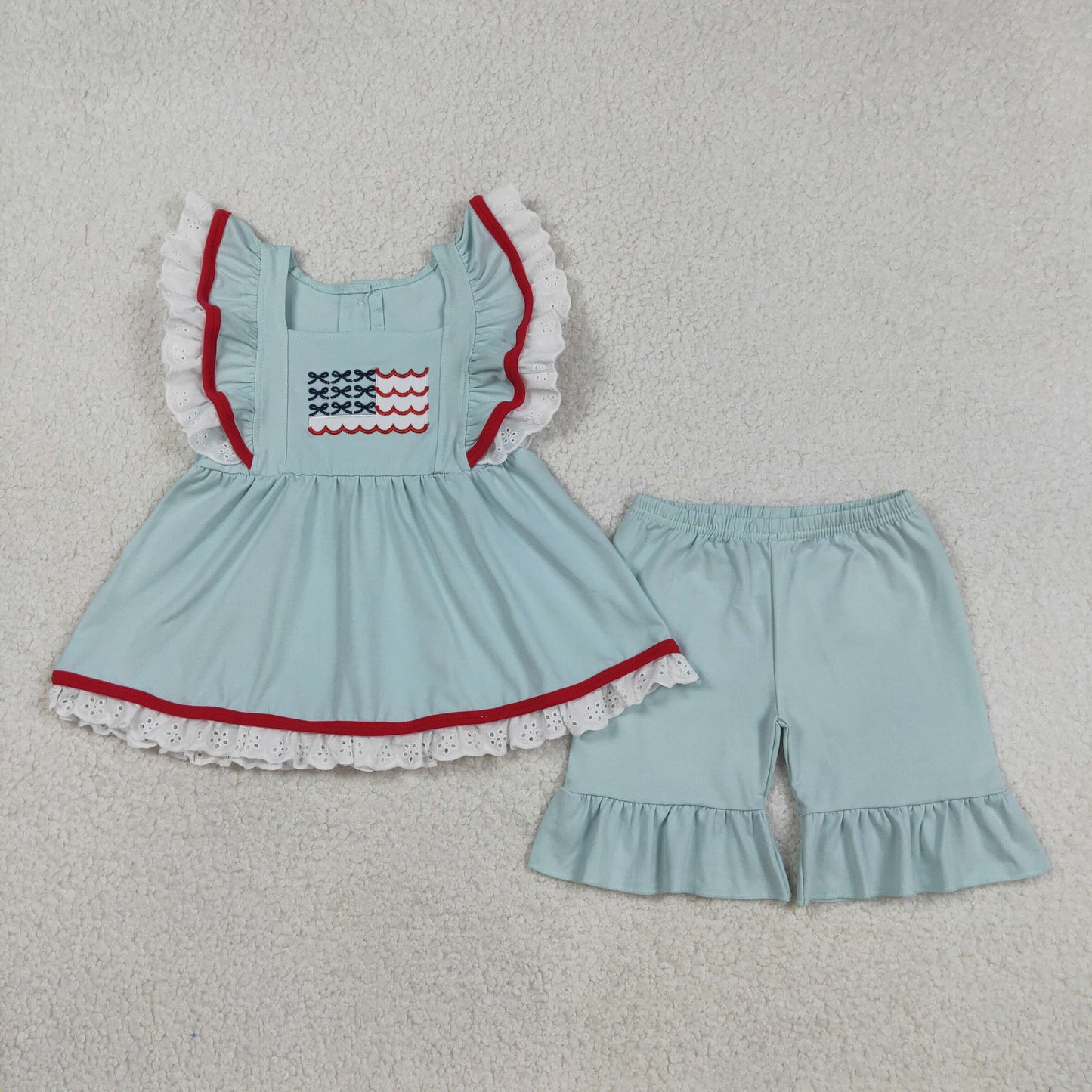 Baby Girls Short Sleeves Embroidery Flag Ruffle Tops Blue Shorts 4th of July Clothes Set RTS