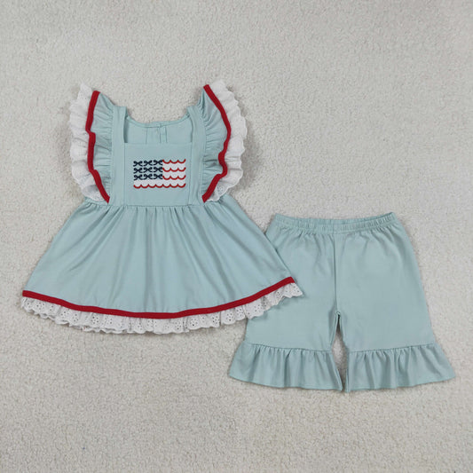 Baby Girls Short Sleeves Embroidery Flag Ruffle Tops Blue Shorts 4th of July Clothes Set RTS