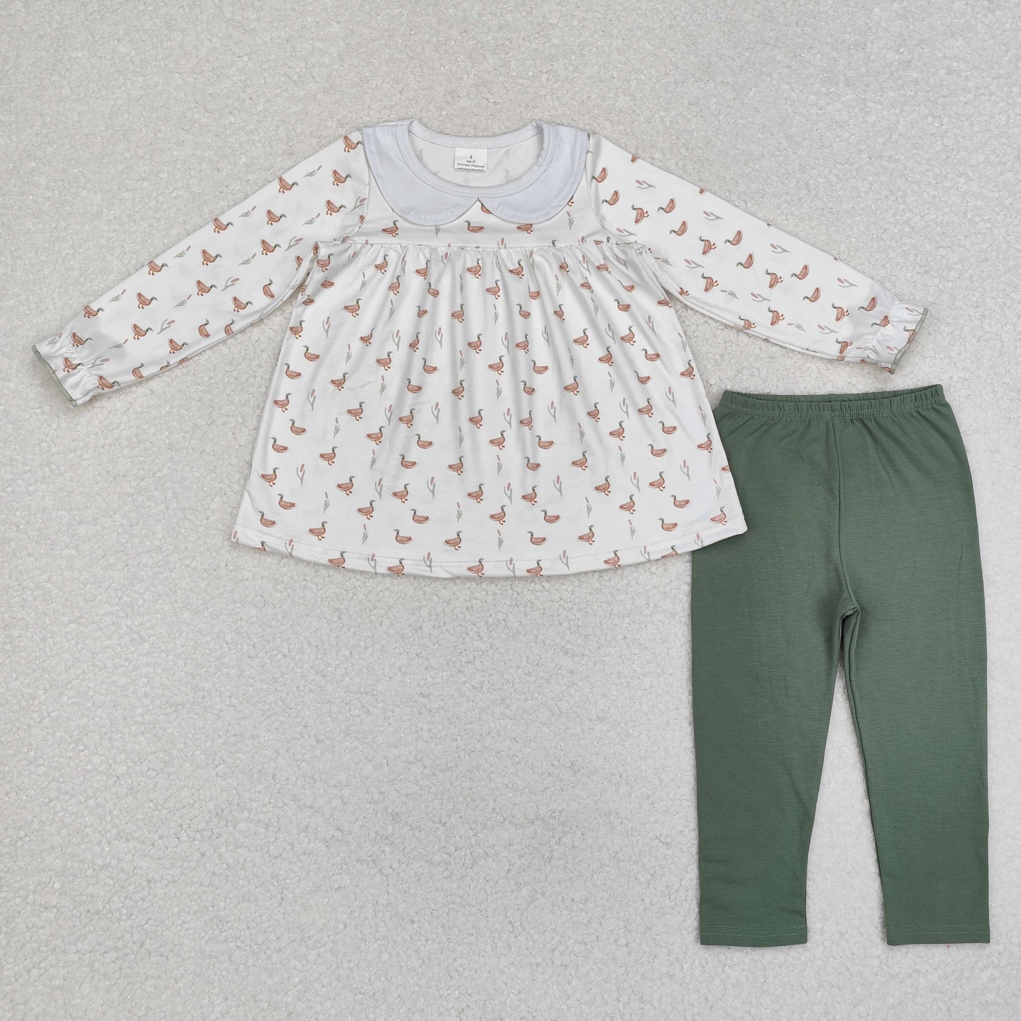 Baby Girl Long Sleeves Ducks Tunic Green Cotton Leggings Pants Set